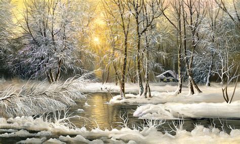 Download Sunset Sun Snow Tree River Forest Winter Artistic Painting HD Wallpaper