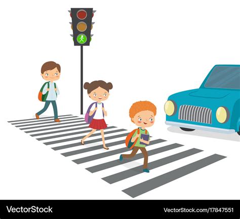 Children cross the road to a green traffic light Vector Image