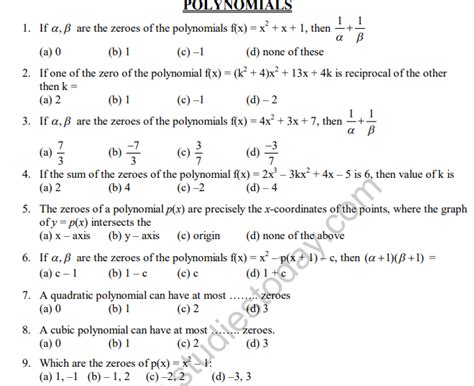 CBSE Class 10 Polynomials MCQs Set B, Multiple Choice Questions for Polynomials