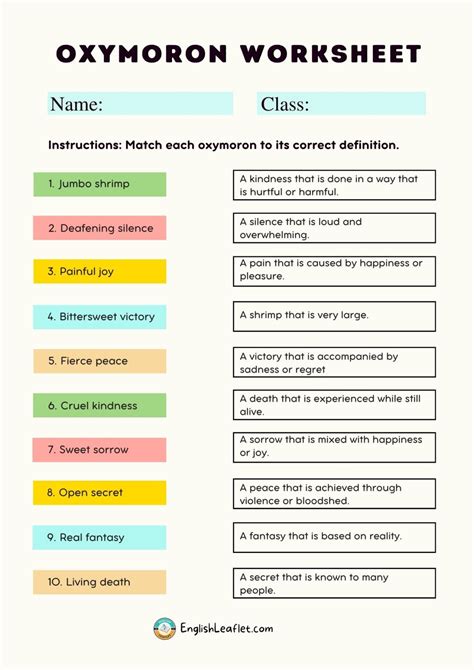 Oxymoron Worksheets with Answers - EnglishLeaflet