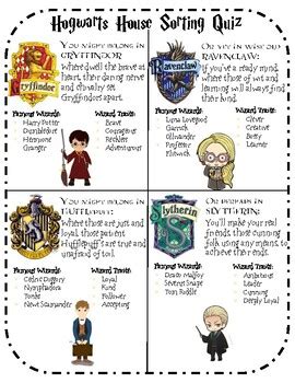 Hogwarts House Sorting Quiz- Harry Potter by Lindsey Bowers | TpT