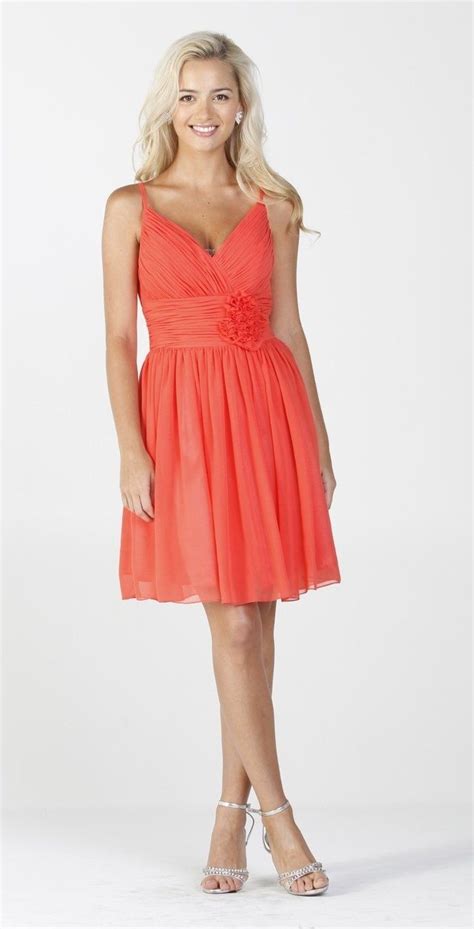 Chiffon Coral Summer Dress Ruched Top Flower Waist Spaghetti Strap $105.99 | Bridesmaid dresses ...