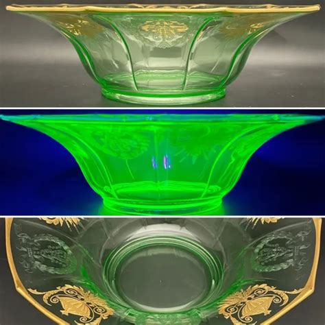 CAMBRIDGE URANIUM GLASS Art Deco Acid Etched & Gold Decagon Console Bowl USA 12" $86.00 - PicClick