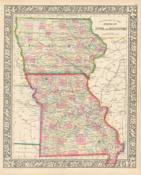 Mitchell's 1865 County Map of Iowa and Missouri - Art Source International