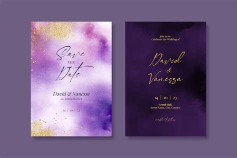 Premium PSD | Purple and gold wedding invitation card set template