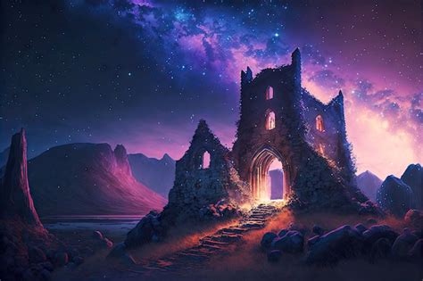 Premium Photo | Castle ruins illuminated by magical light in starfall night