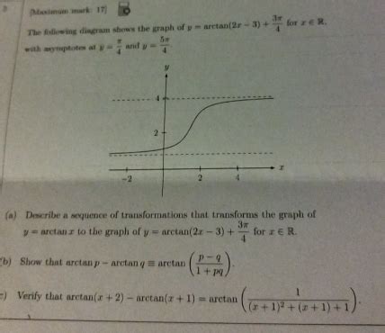 Solved: 3 [Maximum mark: 17] The following diagram shows the graph of y=arctan (2x-3)+ 3π /4 for ...