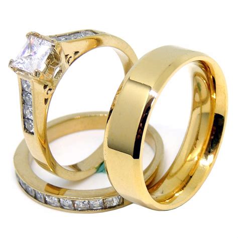 Couples Ring Set 14K Gold Plated 5mm Princess CZ Wedding Ring Mens Gol – LA NY Jewelry