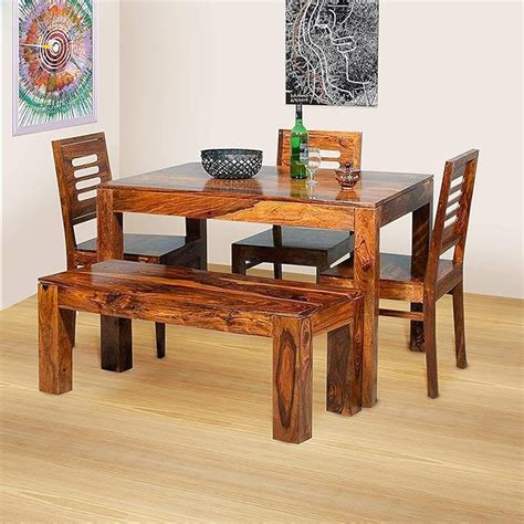 Global Home Decor Solid Sheesham Teak Wood Wooden Dining Table 4 Seater | Dining Table Set with ...