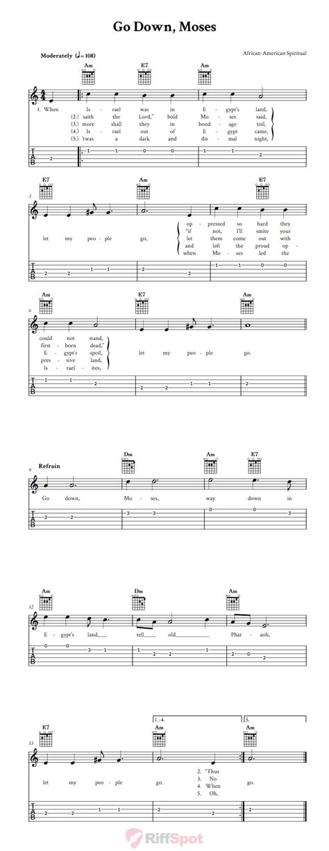 Go Down, Moses: Chords, Sheet Music, and Tab for Guitar with Lyrics