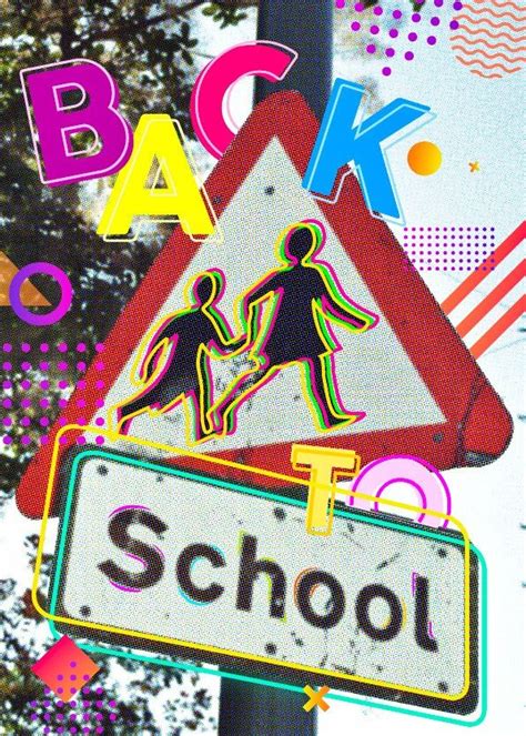 the back to school sign has been altered with colorful images on it and is hanging from a pole