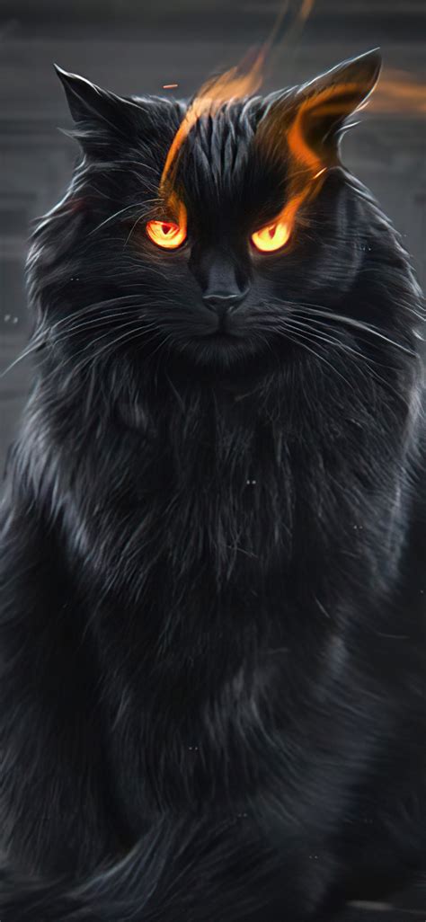 Download wallpaper 1125x2436 black cat, fire eyes, fantasy, iphone x, 1125x2436 hd background, 26970