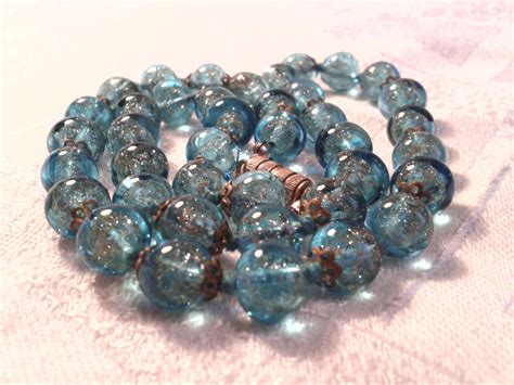Vintage Venetian, Murano Glass Bead Necklace, Turquoise Blue with Gold Flecks. 40s, 50s. by ...