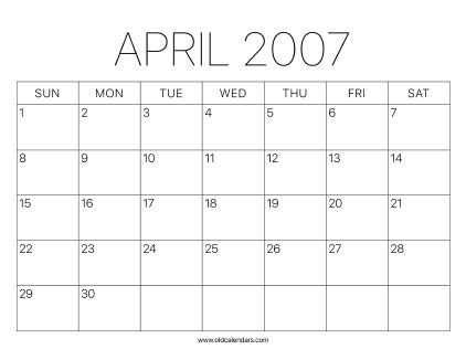 2007 Calendar April – Printable Old Calendars