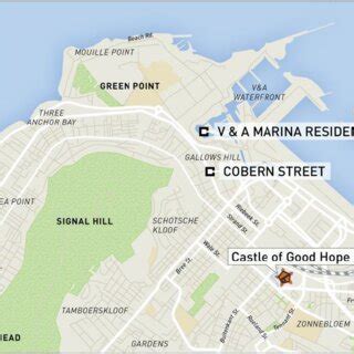 Map of Cape Town, South Africa, with historical sites of interest to ...