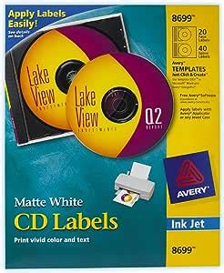 Avery Matte White CD Labels for Inkjet Printers, 20 Face Labels and 40 Spine Labels (8699 ...