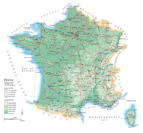 Detailed physical map of France with roads, cities and airports ...