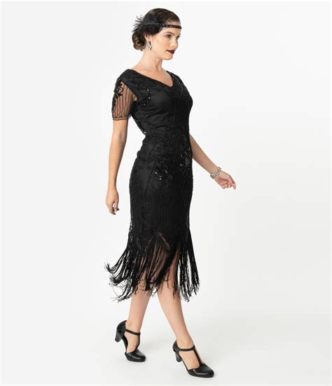 1920s Style Black Beaded Fringe Cap Sleeve Cocktail Dress – Unique ...