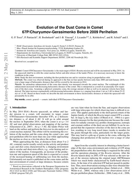 (PDF) Evolution of the Dust Coma in Comet 67P/Churyumov-Gerasimenko Before 2009 Perihelion