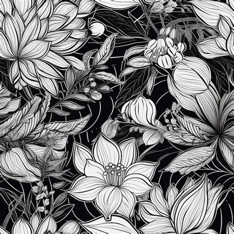 Premium AI Image | Black and white seamless pattern with flowers and leaves.