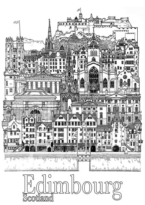 Edinburgh's main monuments - Architecture, Cities and Houses Coloring Pages for adults