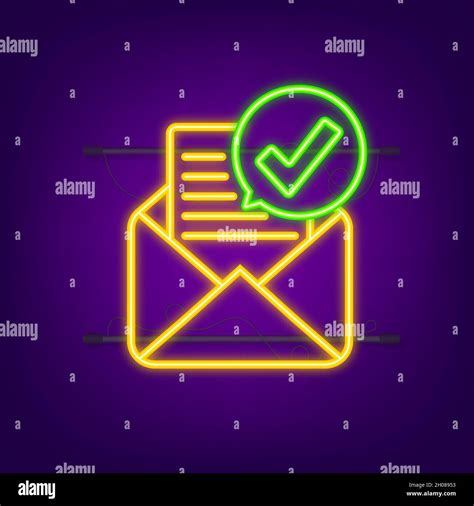 Opened envelope and document with green check mark. Neon icon. Verification email. Vector ...
