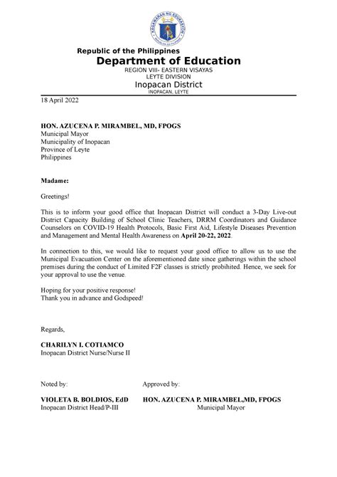 Letter Request to Mayor asking for venue approval - Republic of the ...