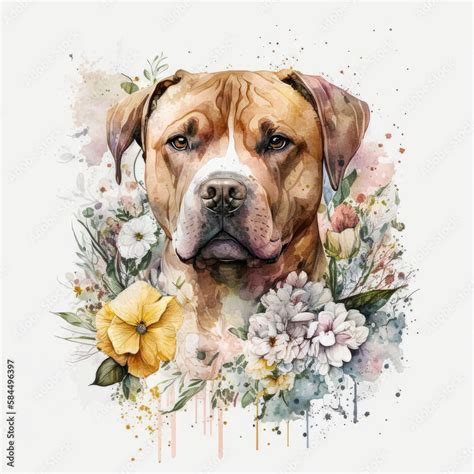 A painting of a dog with flowers on it. Dog portrait in floral ...