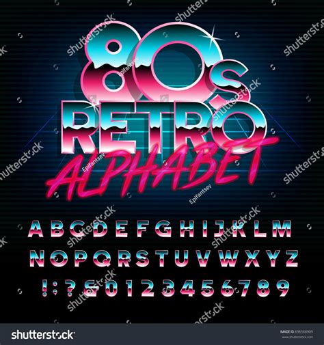 80's retro alphabet font. Metallic effect type letters and numbers ...