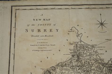 ORIGINAL ENGRAVED ANTIQUE MAP OF SURREY Surrey divided into hundreds ...