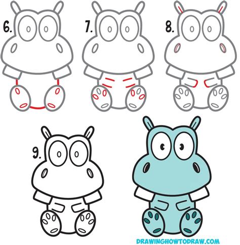 How to Draw a Cute Cartoon Hippo Simple Steps Drawing Lesson for Beginners – How to Draw Step by ...