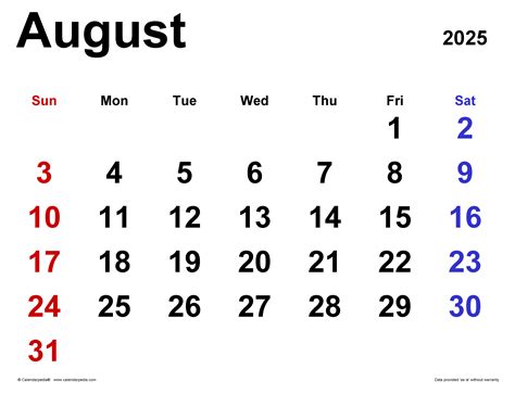 August 2025 Calendar | Templates for Word, Excel and PDF