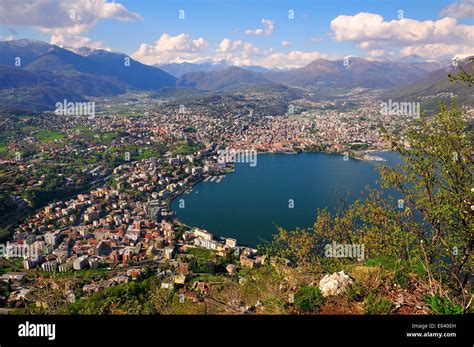 View of Lugano on Lake Lugano and the Alps, Monte San Salvatore mountain, Lugano, Canton of ...