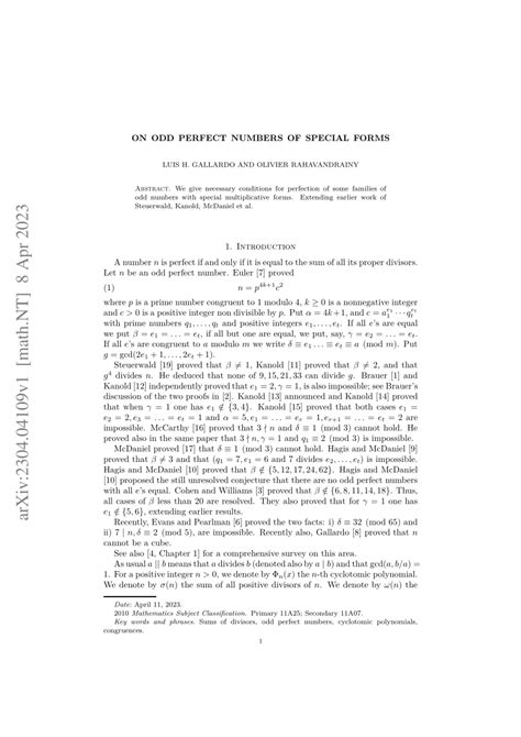 (PDF) On odd perfect numbers of special forms