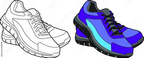 pair of sneakers running shoes vector drawing line art and colored ...