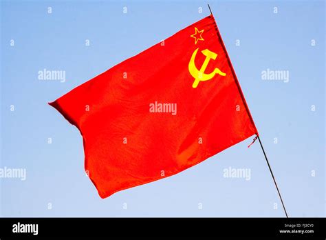 Communist flag of Russia, USSR, red flag, hammer and sickle in yellow ...