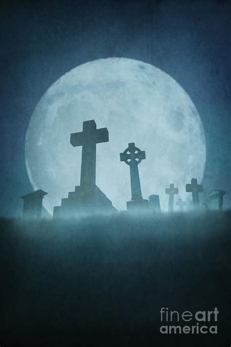 Eerie Graveyard At Night In Fog With Full Moon Photograph by Lee Avison - Fine Art America