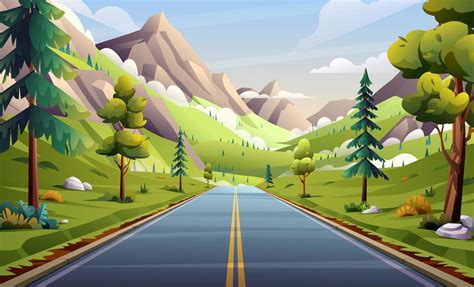 Asphalt road in mountain valley landscape illustration. Nature highway ...