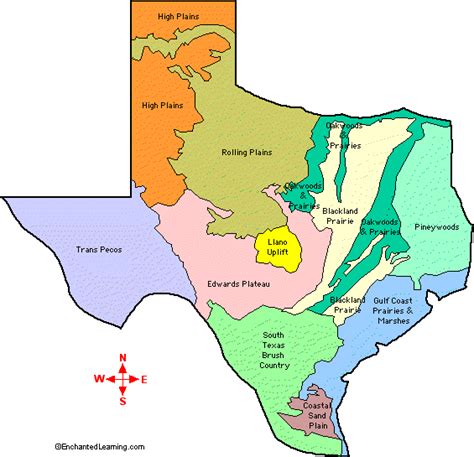 Natural Features of Texas, Outline Map Labeled Color - EnchantedLearning.com