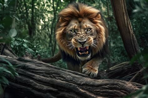 Premium Photo | A lion in the jungle with a scary face