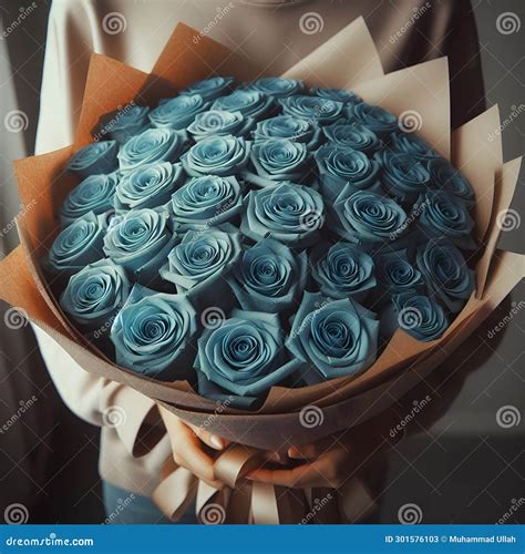 An Image of a Bouquet of Many Blue Roses in Wrapping Paper. Stock ...