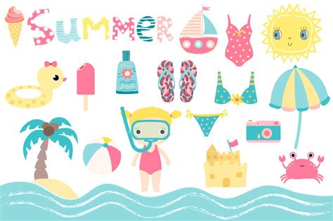 Cute summer clipart, Kids beach holiday set, snorkel girl, sun By ...