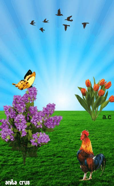 an image of a rooster in the grass with flowers and birds flying over it on a sunny day