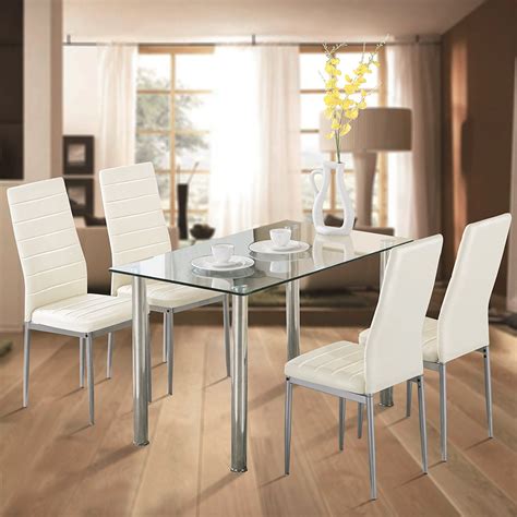 Zimtown 5 Piece Dining Table Set White 4 Chair Glass Metal Kitchen Dining Room Breakfast ...