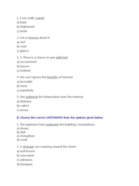 B. Choose The Correct ANTONYMS From The Options Given Below | PDF ...