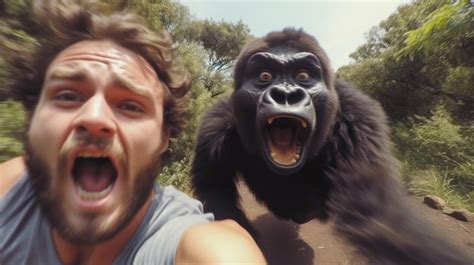 Premium AI Image | A man taking selfie with gorilla The man is running ...