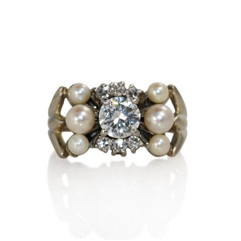 14K White Gold Vintage Diamond & Pearl Ring, .67ct - Tangibleinvestmentsinc.com