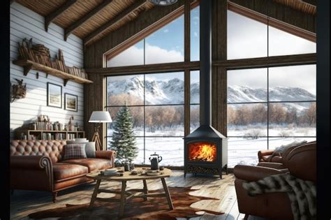 Premium AI Image | A living room with a fireplace and a mountain view