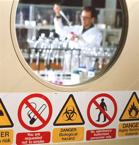 Safety signs seen on a laboratory door - Stock Image - T167/0053 - Science Photo Library