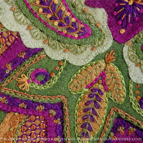 Wool applique pattern kit for table runner “Jacobean Spring” hand dyed rug hooking wool felt ...